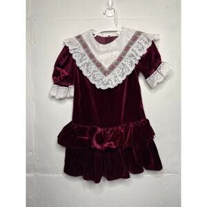 Vintage Girls Velvet Frilly Lace Burgundy Red Dress 2/3